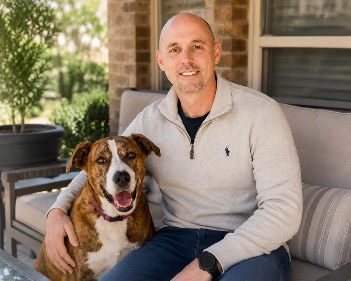 Phil Vaughn, founder of Valor Health Solutions, with his dog Molly in Keller, TX